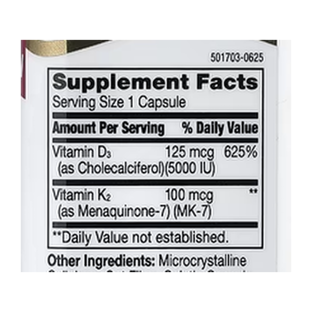 21st Century, D3 + K2, 120 Capsules supplement facts label showing ingredients, vitamins, minerals, and serving information
