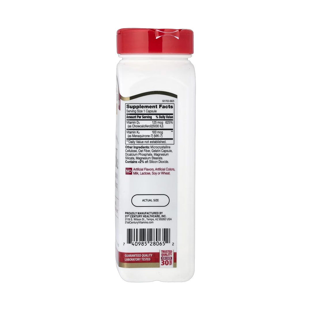 21st Century, D3 + K2, 120 Capsules back packaging view