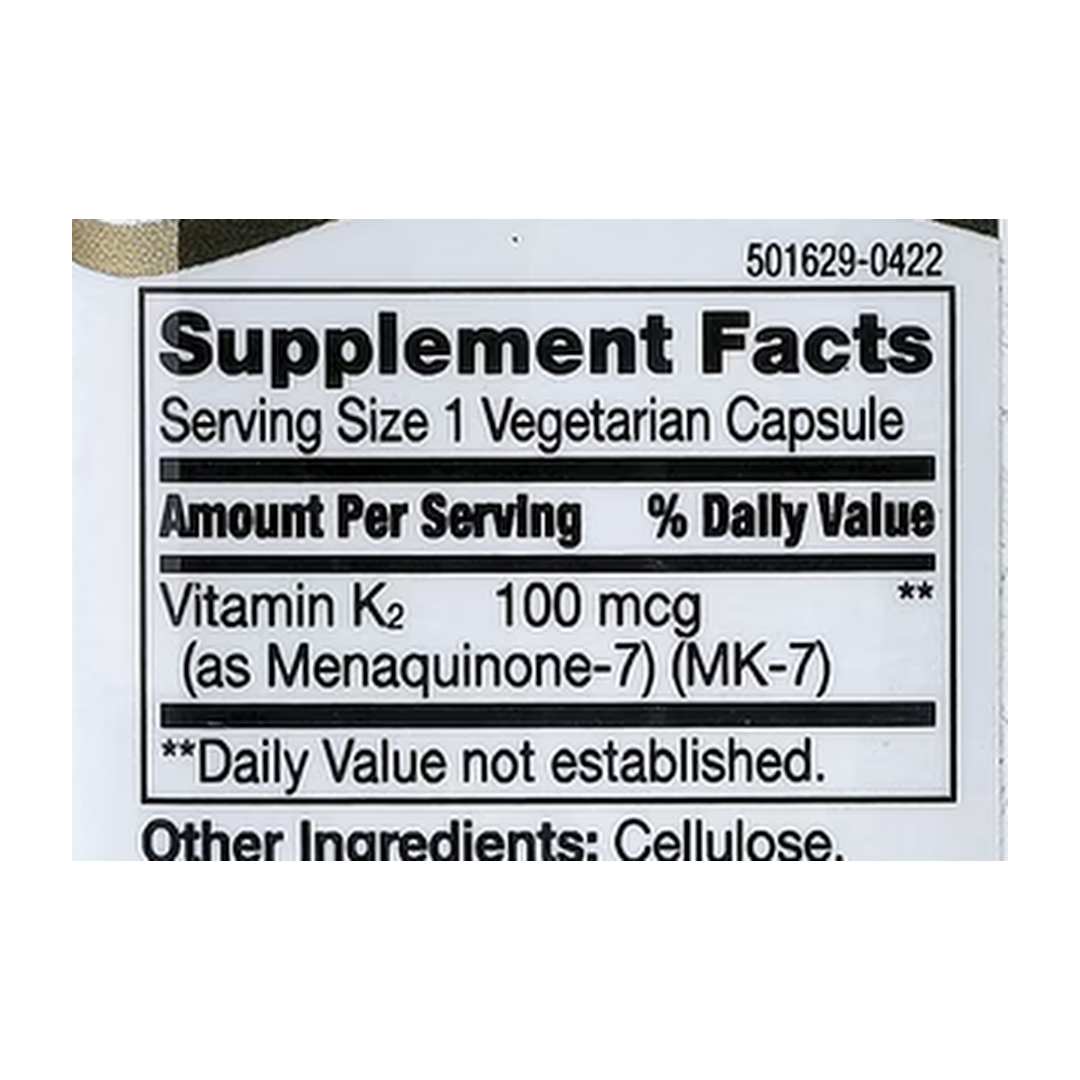 21st Century, Vitamin K2, 100 mcg, 110 Vegetarian Capsules supplement facts label showing ingredients, vitamins, minerals, and serving information