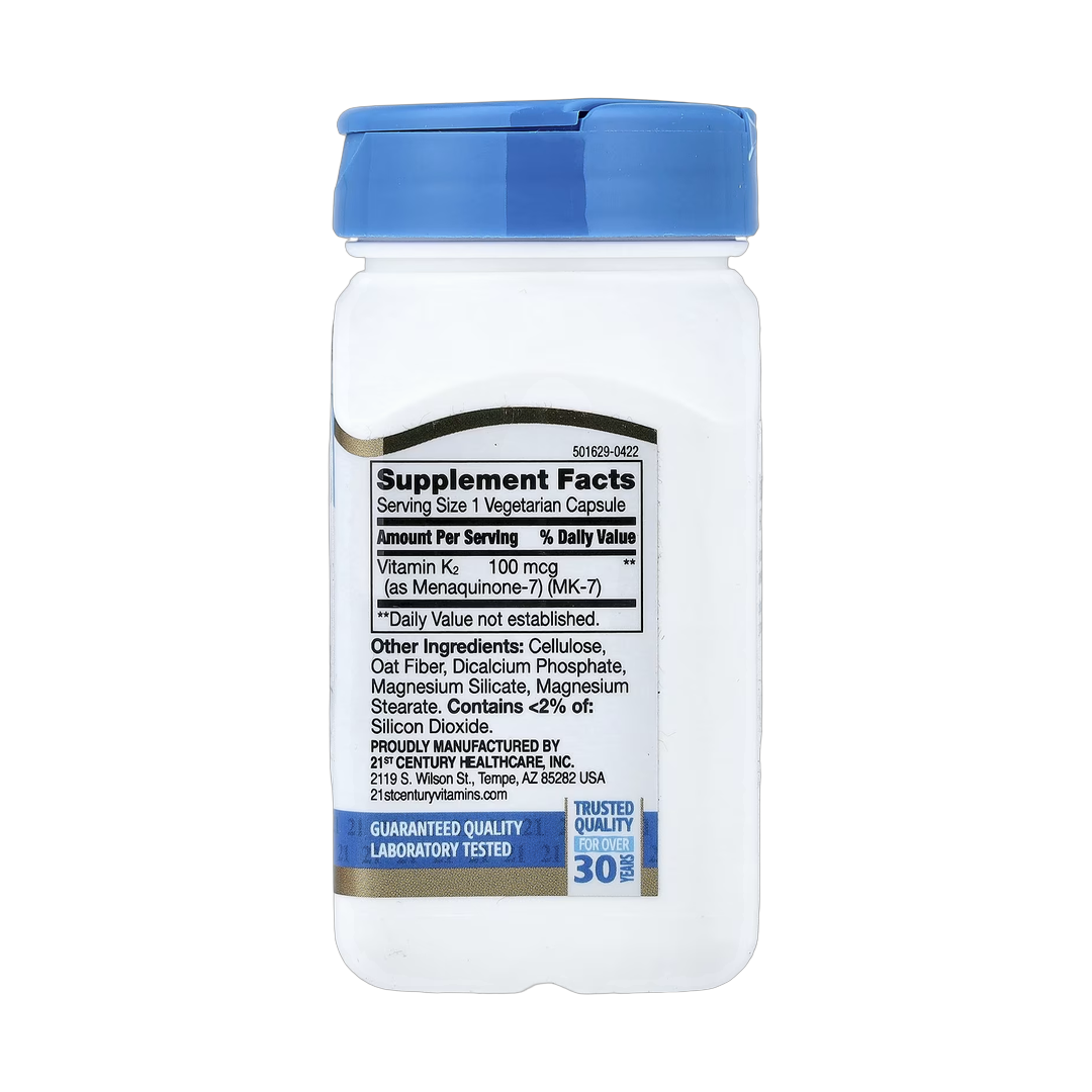 21st Century, Vitamin K2, 100 mcg, 110 Vegetarian Capsules back packaging view