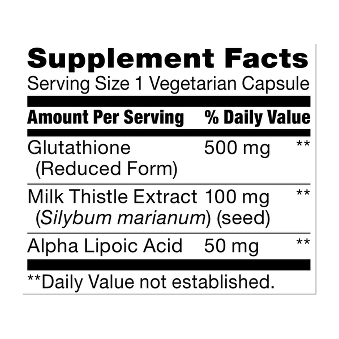 21st Century, Glutathione Plus Milk Thistle Extract & Alpha Lipoic Acid, 120 Vegetarian Capsules supplement facts label showing ingredients, vitamins, minerals, and serving information