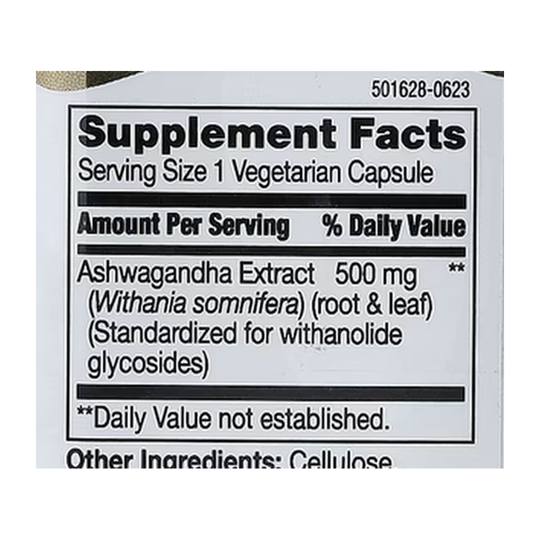 21st Century, Ashwagandha Extract, Standardized, 60 Vegetarian Capsules supplement facts label showing ingredients, vitamins, minerals, and serving information