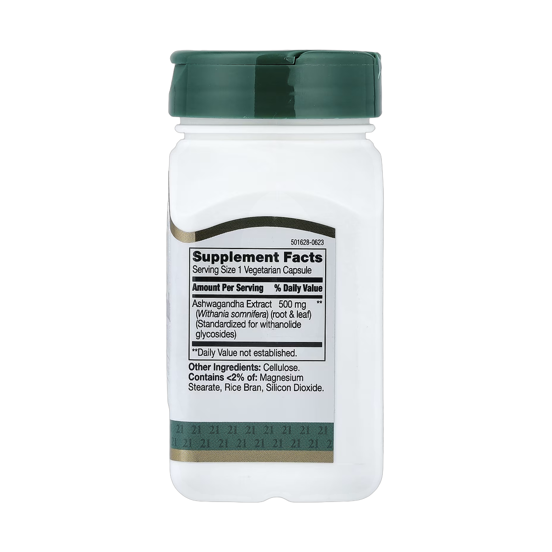 21st Century, Ashwagandha Extract, Standardized, 60 Vegetarian Capsules back packaging view