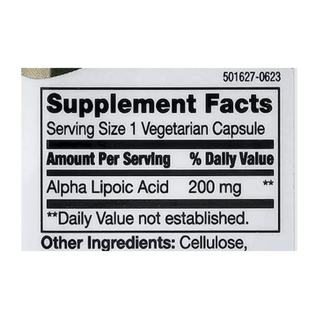 21st Century, Alpha Lipoic Acid, 200 mg, 60 Vegetarian Capsules supplement facts label showing ingredients, vitamins, minerals, and serving information