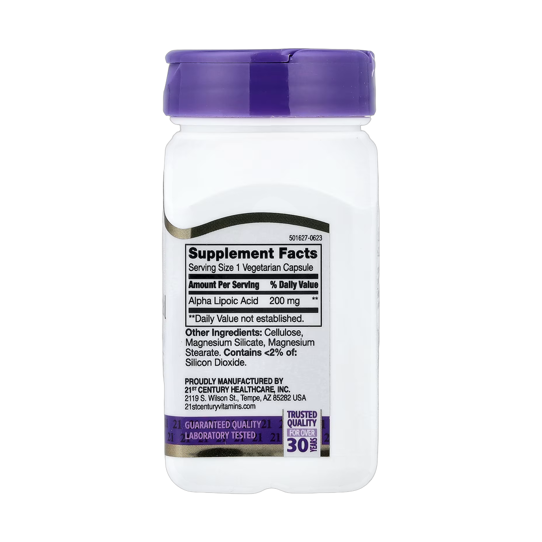 21st Century, Alpha Lipoic Acid, 200 mg, 60 Vegetarian Capsules back packaging view