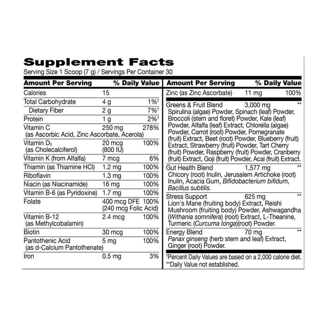 21st Century, Daily Greens Superfoods Powder, Lemon Lime, 7.4 oz (210 g) supplement facts label showing ingredients, vitamins, minerals, and serving information
