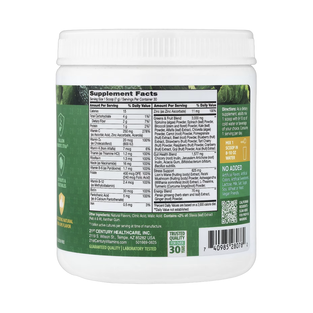 21st Century, Daily Greens Superfoods Powder, Lemon Lime, 7.4 oz (210 g) back packaging view