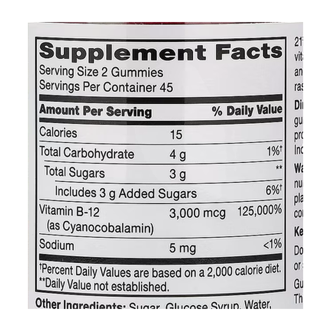 21st Century, VitaJoy® B-12 Gummies, Raspberry, 90 Gummies supplement facts label showing ingredients, vitamins, minerals, and serving information