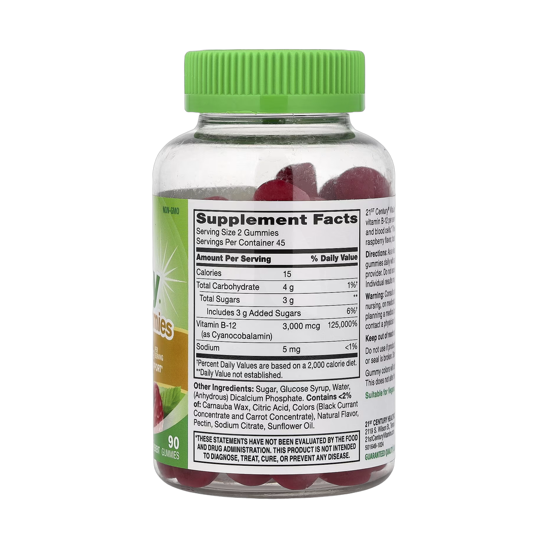 21st Century, VitaJoy B-12 Gummies, Raspberry, 90 Gummies back packaging view
