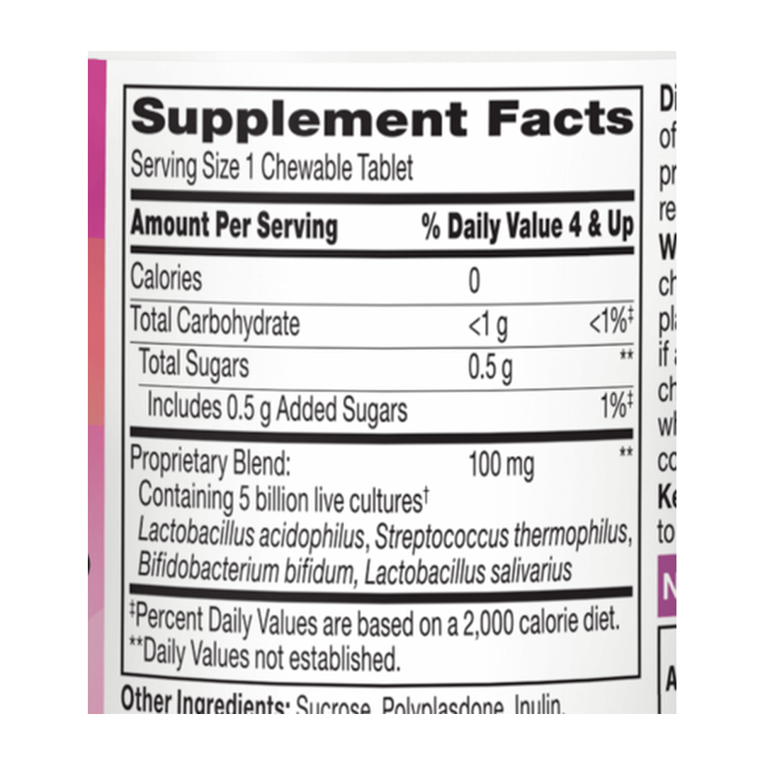 21st Century, Zoo Friends, Children's Chewable Probiotic, Age 4+, Fruit Punch, 30 Chewable Tablets supplement facts label showing ingredients, vitamins, minerals, and serving information