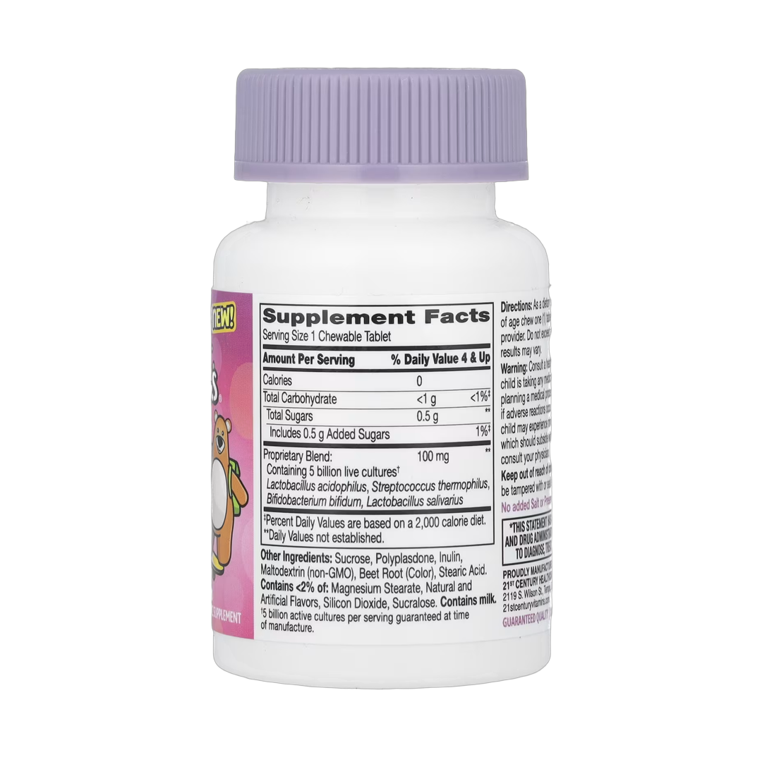 21st Century, Zoo Friends, Children's Chewable Probiotic, Age 4+, Fruit Punch, 30 Chewable Tablets back packaging view