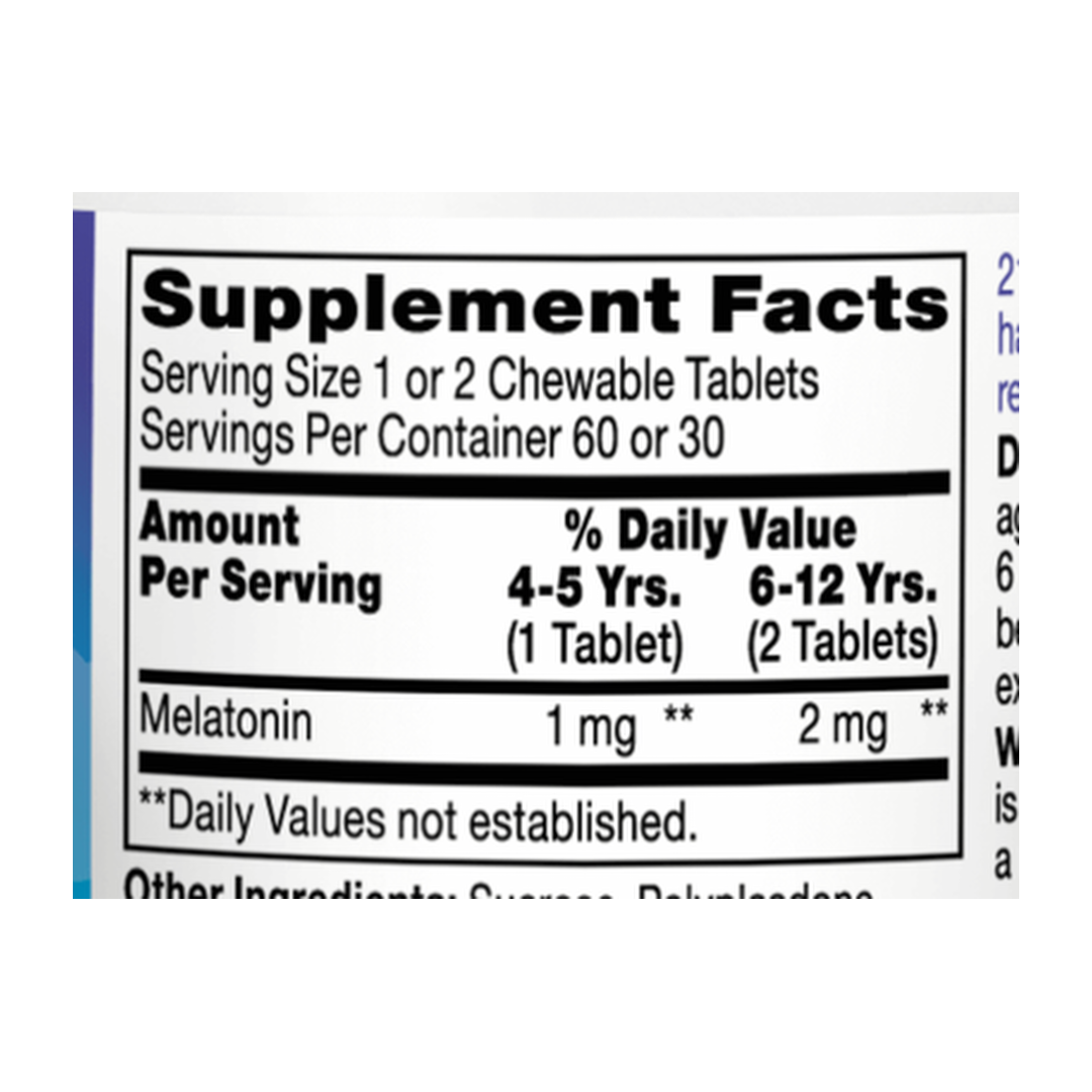 21st Century, Zoo Friends Sleep, Children's Chewable Melatonin, Ages 4+, Raspberry, 60 Chewable Tablets supplement facts label showing ingredients, vitamins, minerals, and serving information