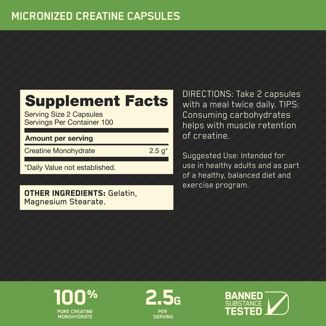 Optimum Nutrition, Micronized Creatine Capsules, 200 Capsules (1.25 g per Capsule )