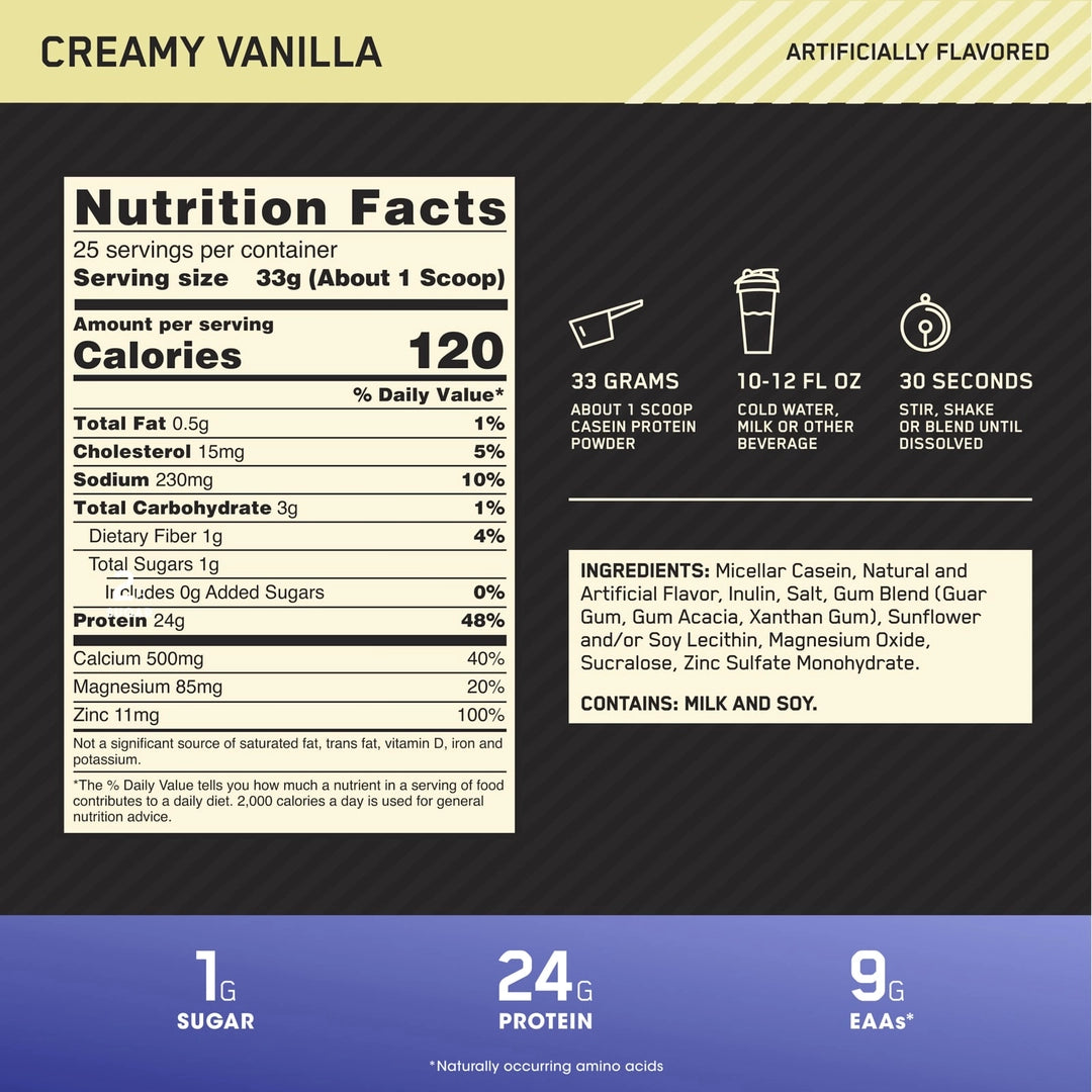 Optimum Nutrition, Gold Standard® 100% Casein, Creamy Vanilla, 1.81 lb (825 g)