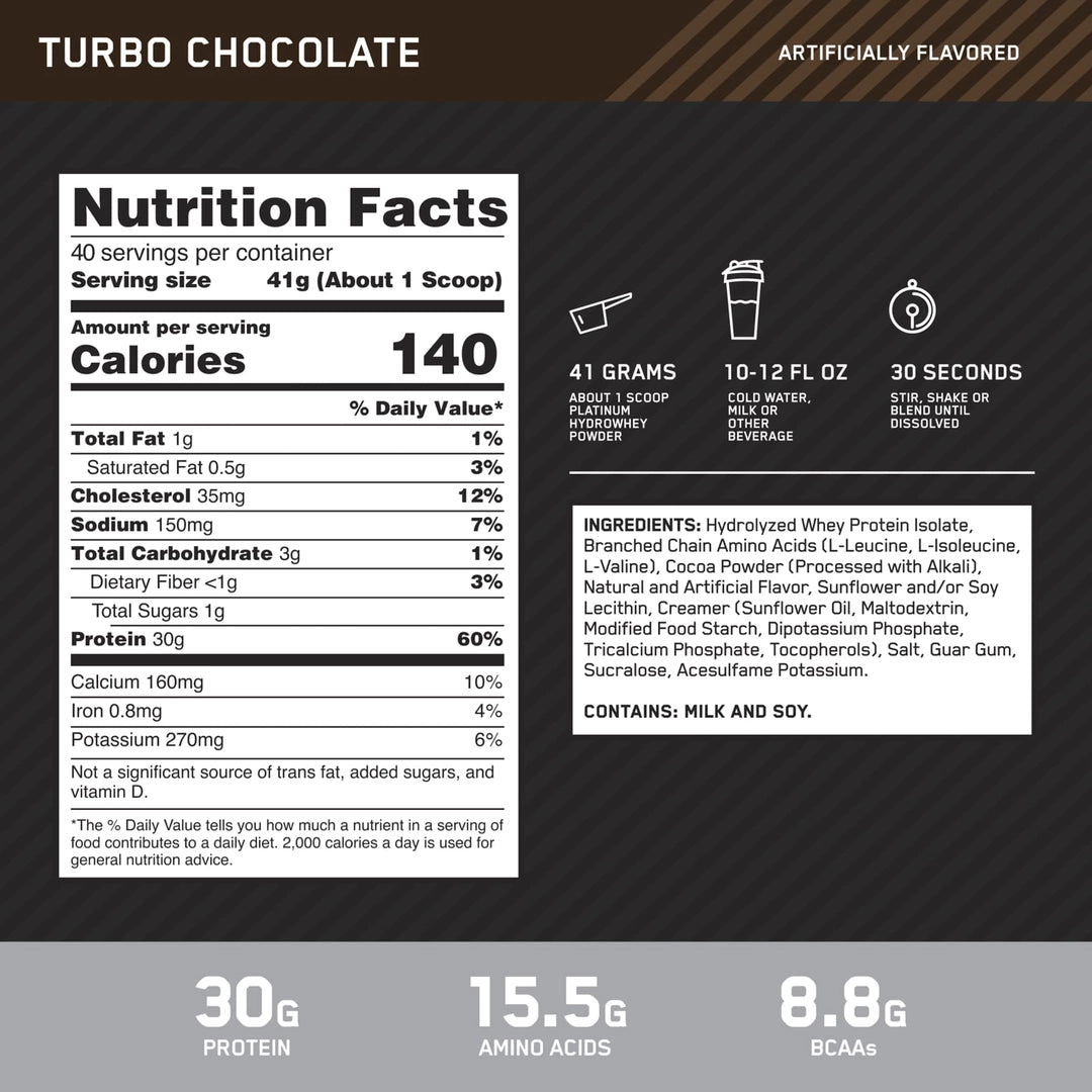 Optimum Nutrition, Platinum Hydro Whey®, Turbo Chocolate, 3.61 lb (1.64 kg)