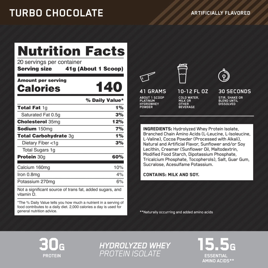 Optimum Nutrition, Platinum Hydro Whey®, Turbo Chocolate, 1.8 lb (820 g)