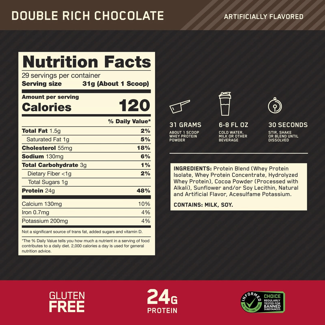 Optimum Nutrition, Gold Standard® 100% Whey Protein, Double Rich Chocolate, 1.98 lb (899 g)