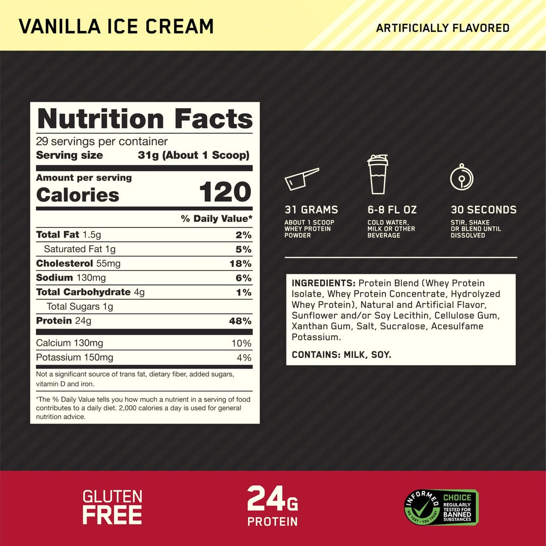 Optimum Nutrition, Gold Standard® 100% Whey, Vanilla Ice Cream, 1.98 lb (899 g)