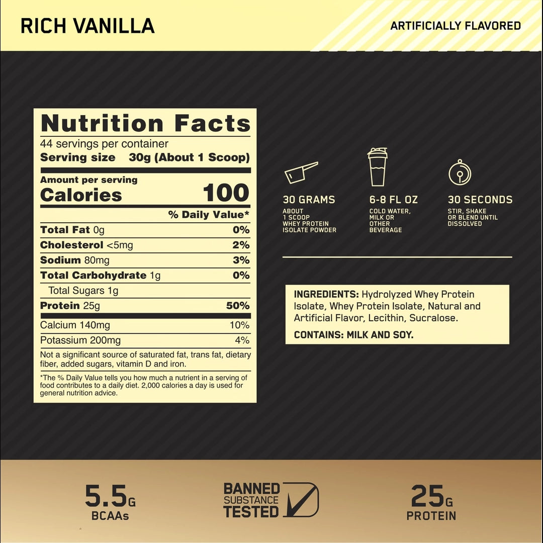 Optimum Nutrition, Gold Standard® 100% Isolate, Rich Vanilla, 46.5 oz (1.32 kg)
