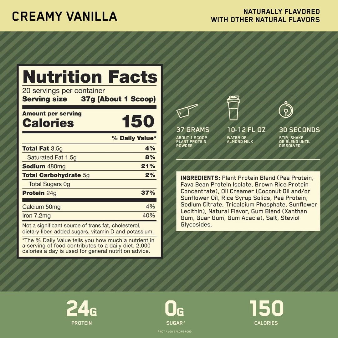 Optimum Nutrition, Gold Standard® 100% Plant Protein, Creamy Vanilla, 1.63 lbs (740 g)