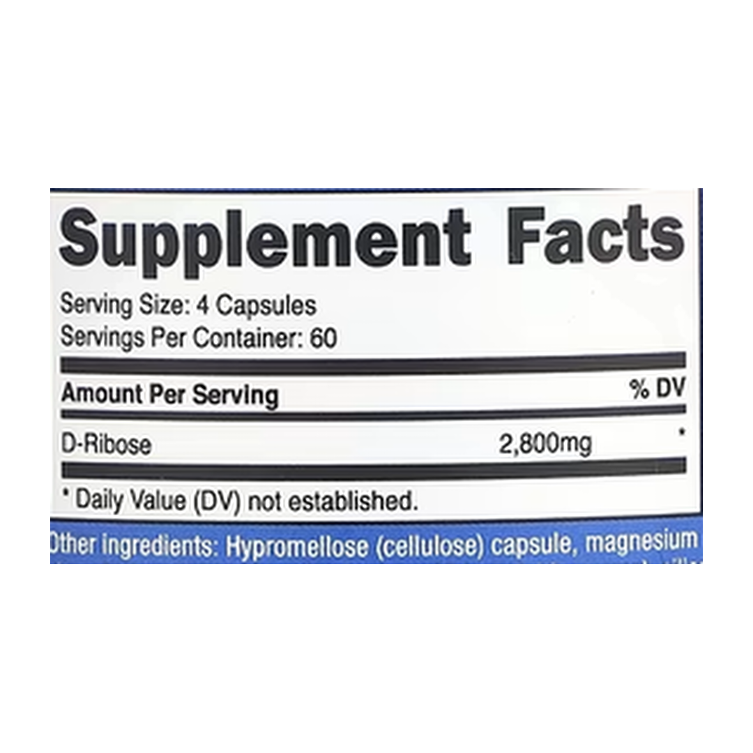 Nutricost, D-Ribose, 240 Capsules supplement facts label showing ingredients, vitamins, minerals, and serving information