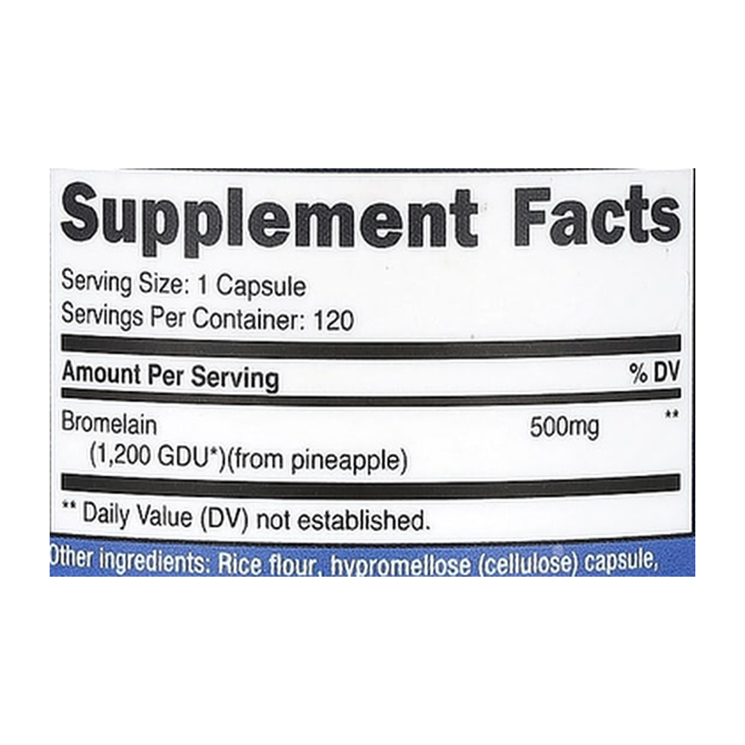 Nutricost, Bromelain, 500 mg, 120 Capsules supplement facts label showing ingredients, vitamins, minerals, and serving information