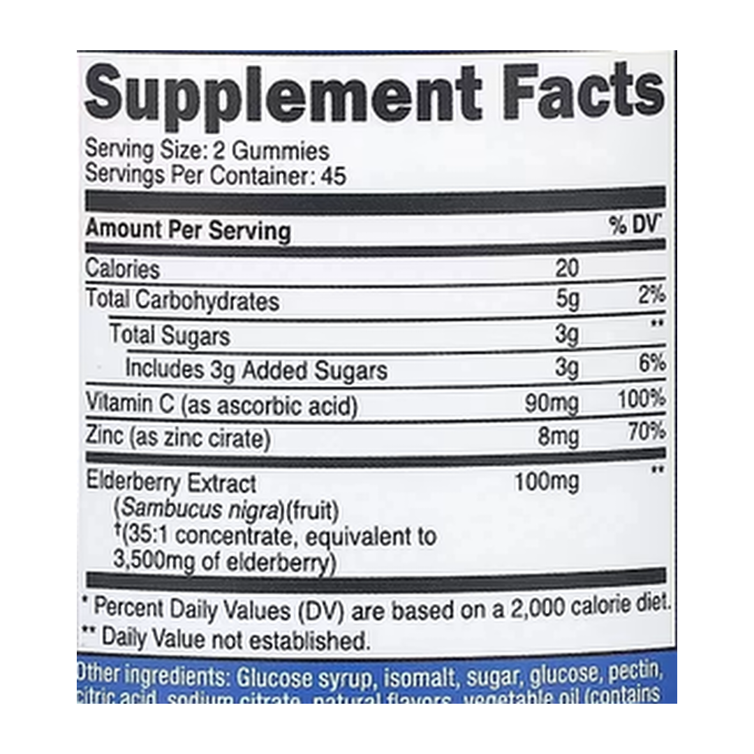 Nutricost, Elderberry, 90 Flavored Gummies supplement facts label showing ingredients, vitamins, minerals, and serving information