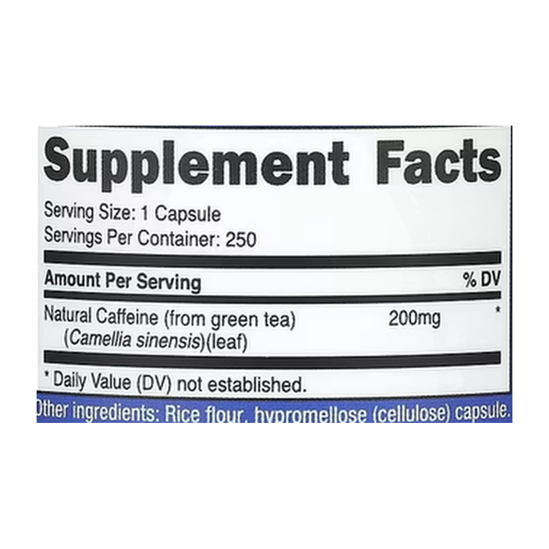 Nutricost, Natural Caffeine, 200 mg, 250 Capsules supplement facts label showing ingredients, vitamins, minerals, and serving information