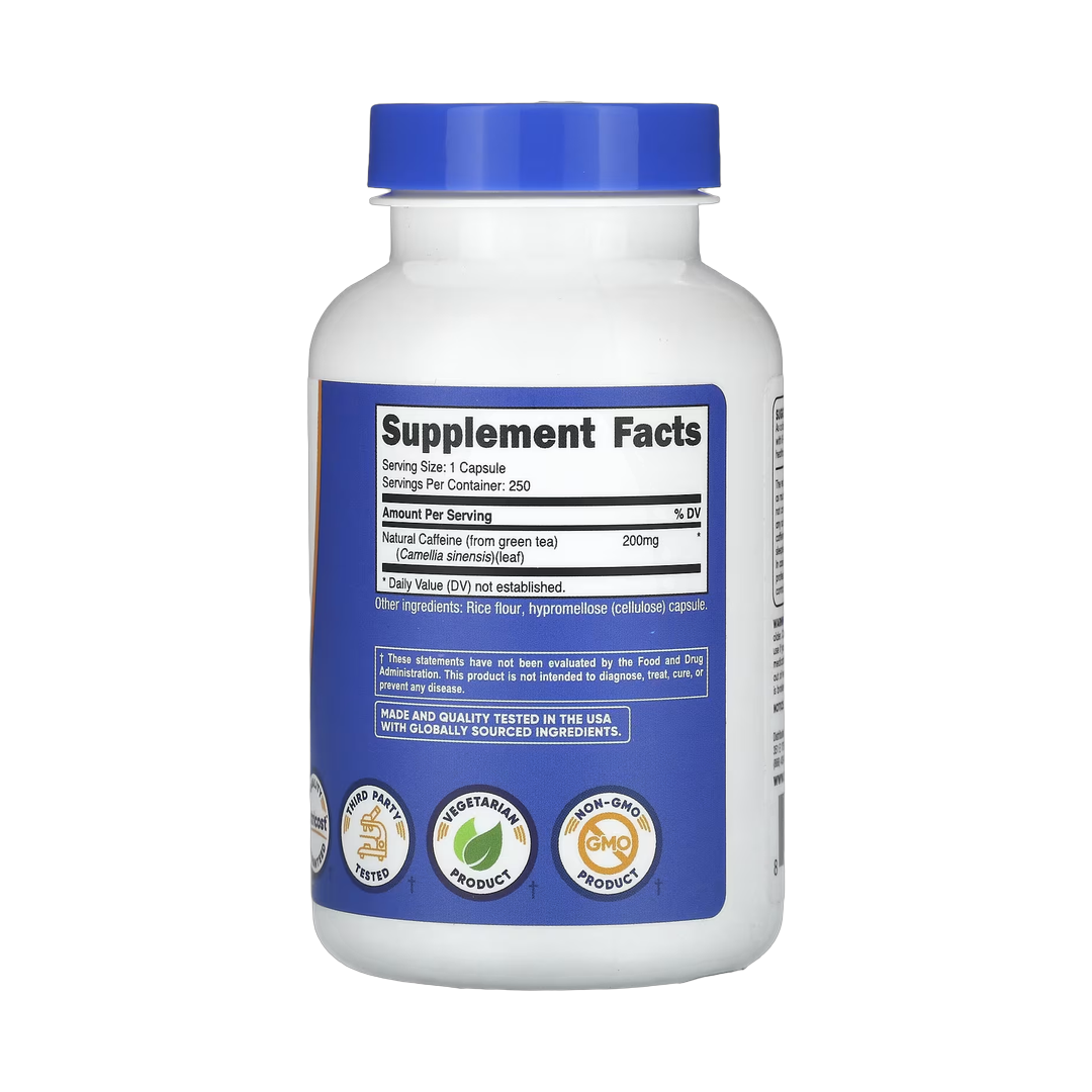 Nutricost, Natural Caffeine, 200 mg, 250 Capsules back packaging view