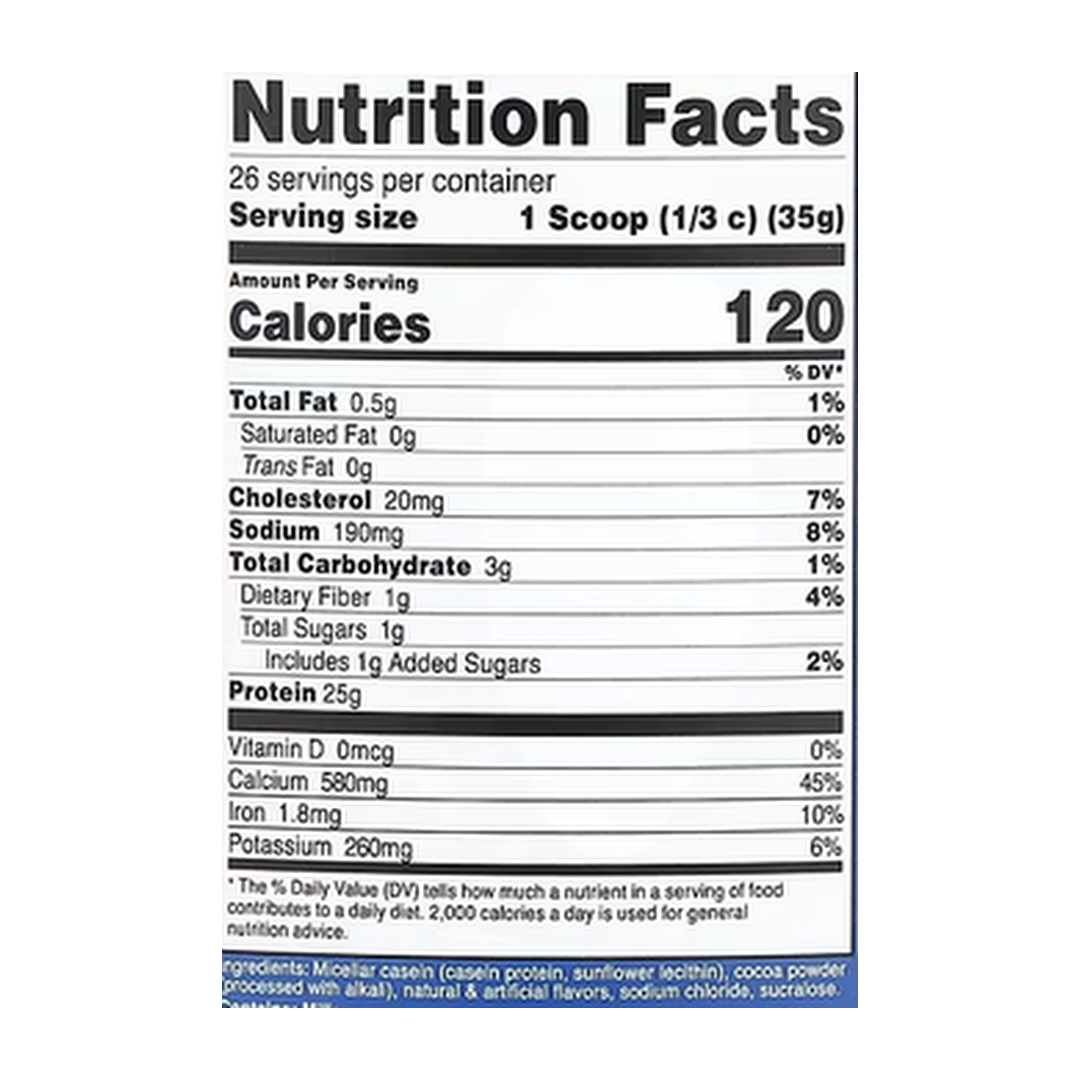 Nutricost, Casein Protein, Chocolate, 2 lb, 907 g supplement facts label showing ingredients, vitamins, minerals, and serving information