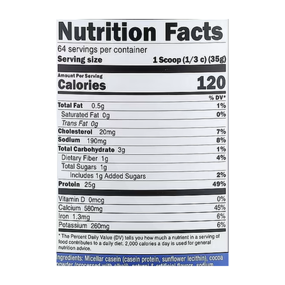 Nutricost, Casein Protein, Chocolate, 5 lb, 2,268 g supplement facts label showing ingredients, vitamins, minerals, and serving information
