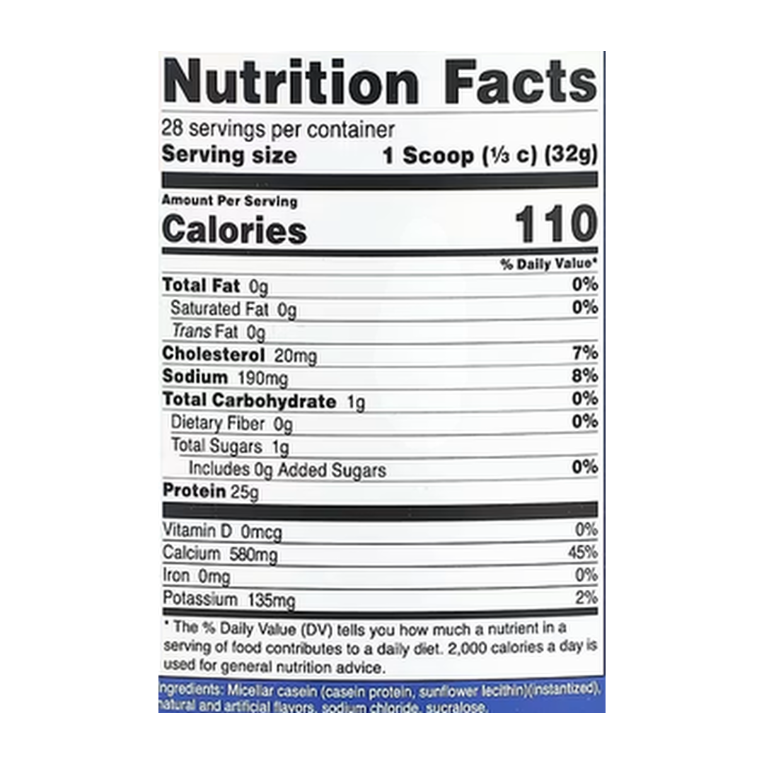 Nutricost, Casein Protein, Vanilla, 2 lb, 907 g supplement facts label showing ingredients, vitamins, minerals, and serving information