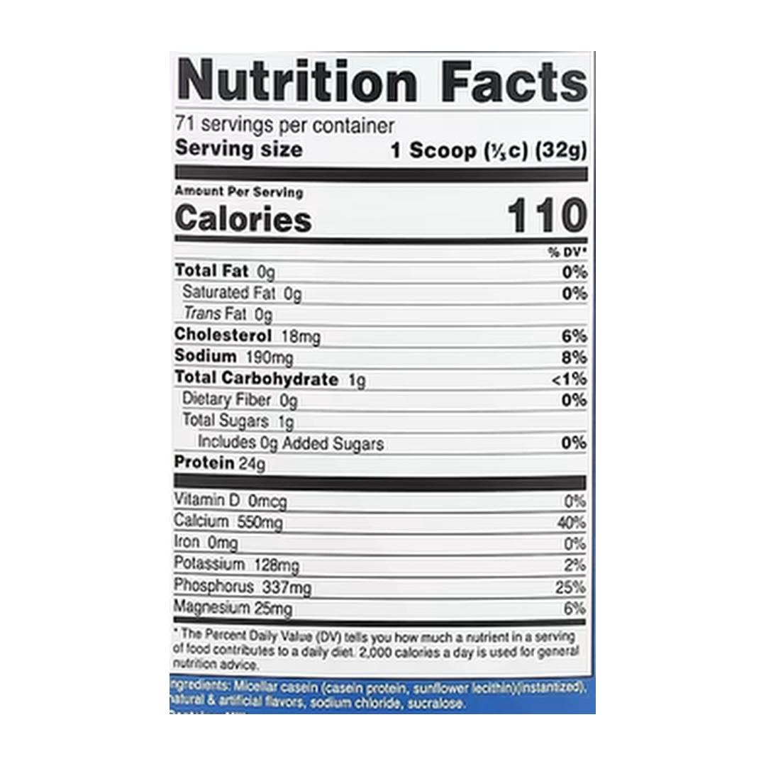Nutricost, Casein Protein, Vanilla, 5 lb, 2,268 g supplement facts label showing ingredients, vitamins, minerals, and serving information