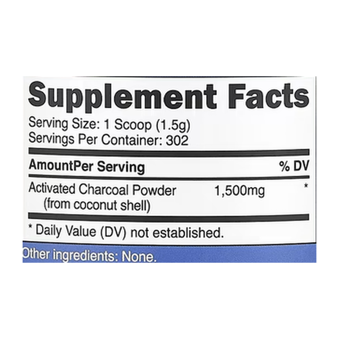 Nutricost, Activated Charcoal Powder, Unflavored, 16 oz, 454 g supplement facts label showing ingredients, vitamins, minerals, and serving information