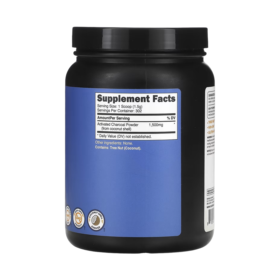 Nutricost, Activated Charcoal Powder, Unflavored, 16 oz, 454 g back packaging view