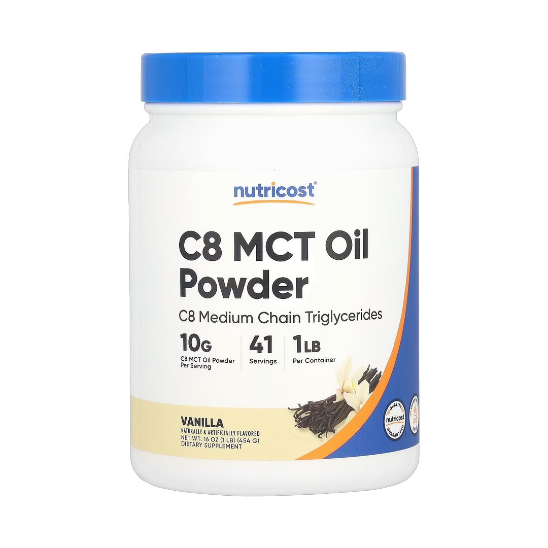 Nutricost, C8 MCT Oil Powder, Vanilla, 1 lb, 454 g front packaging view