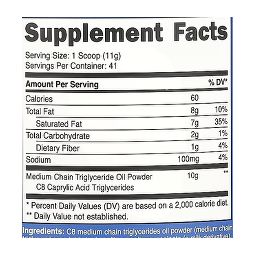 Nutricost, C8 MCT Oil Powder, Vanilla, 1 lb, 454 g supplement facts label showing ingredients, vitamins, minerals, and serving information