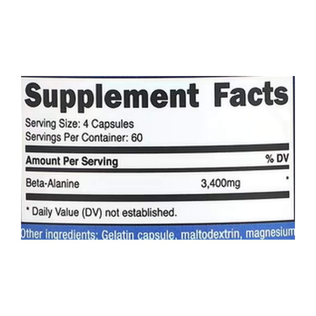 Nutricost, Beta-Alanine, 240 Capsules supplement facts label showing ingredients, vitamins, minerals, and serving information