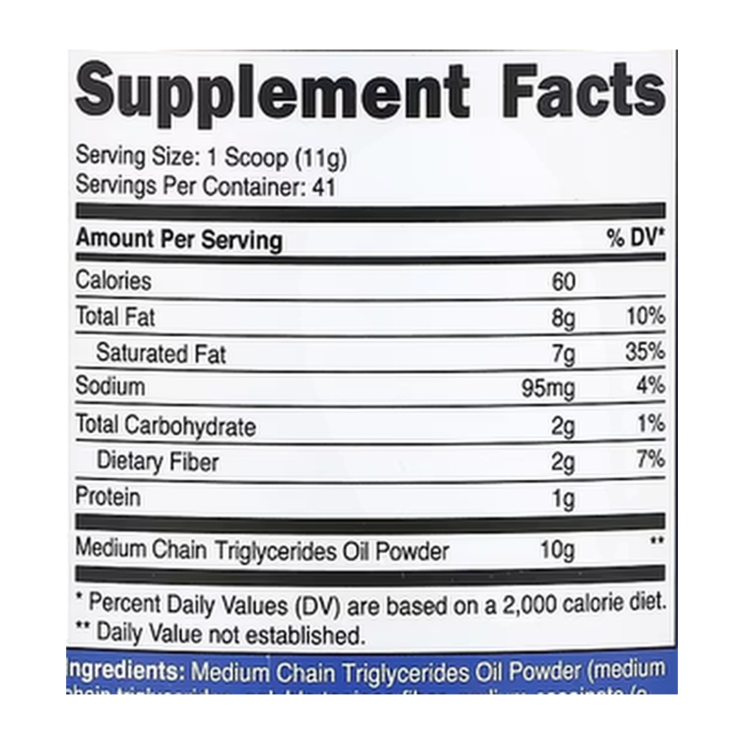 Nutricost, MCT Oil Powder, Vanilla, 16 oz, 454 g supplement facts label showing ingredients, vitamins, minerals, and serving information