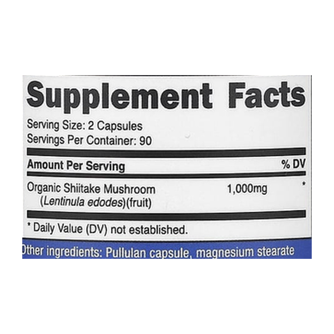 Nutricost, Shiitake Mushroom, 180 Capsules supplement facts label showing ingredients, vitamins, minerals, and serving information