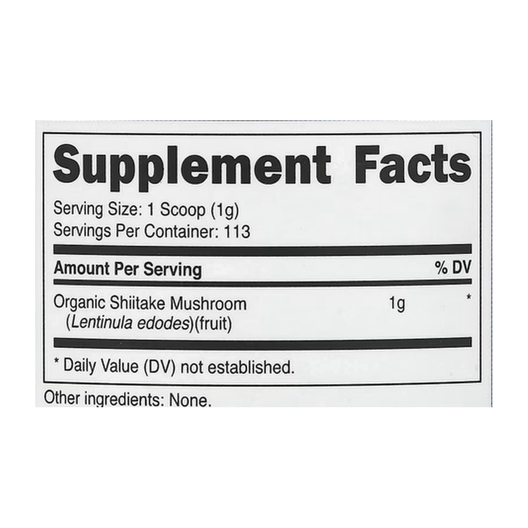Nutricost, 100% Organic Shiitake Mushroom, Unflavored, 4 oz, 113 g supplement facts label showing ingredients, vitamins, minerals, and serving information