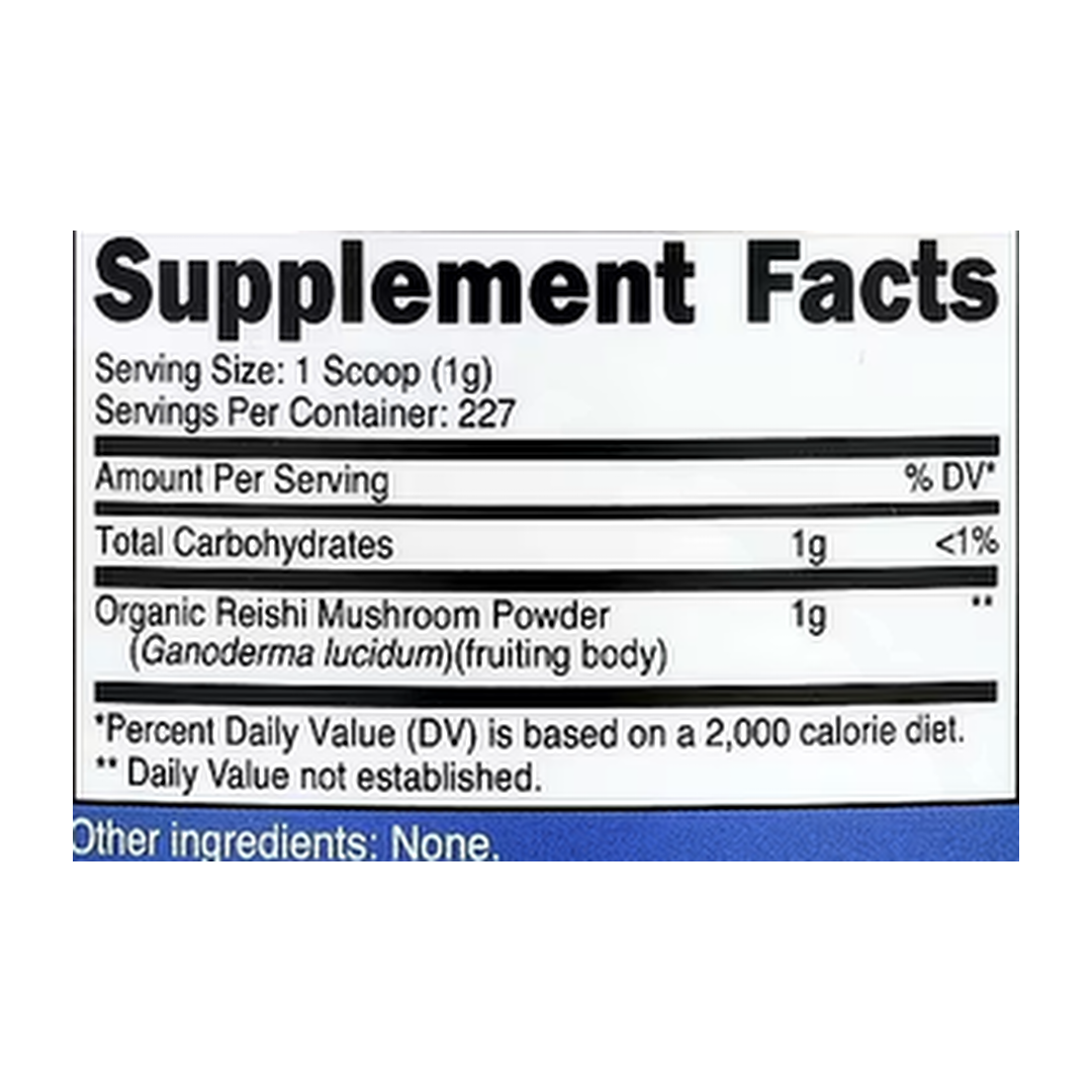Nutricost, Organic Reishi Mushroom, Unflavored, 8.1 oz, 227 g supplement facts label showing ingredients, vitamins, minerals, and serving information