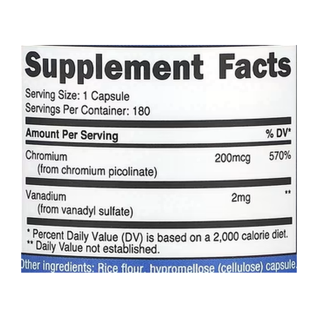 Nutricost, Vanadium , 2 mg , 180 Capsules supplement facts label showing ingredients, vitamins, minerals, and serving information