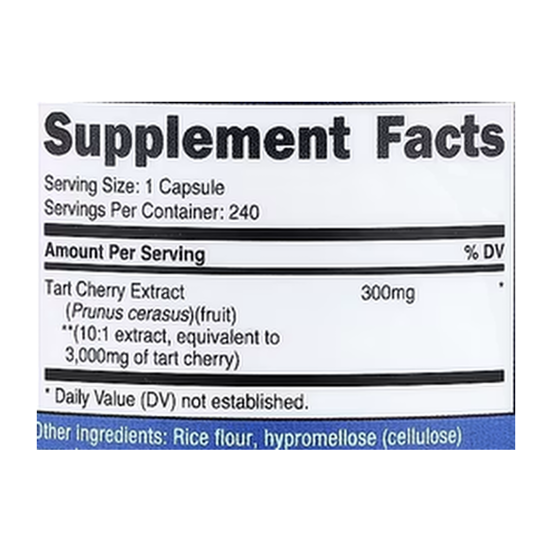 Nutricost, Tart Cherry, 240 Capsules supplement facts label showing ingredients, vitamins, minerals, and serving information