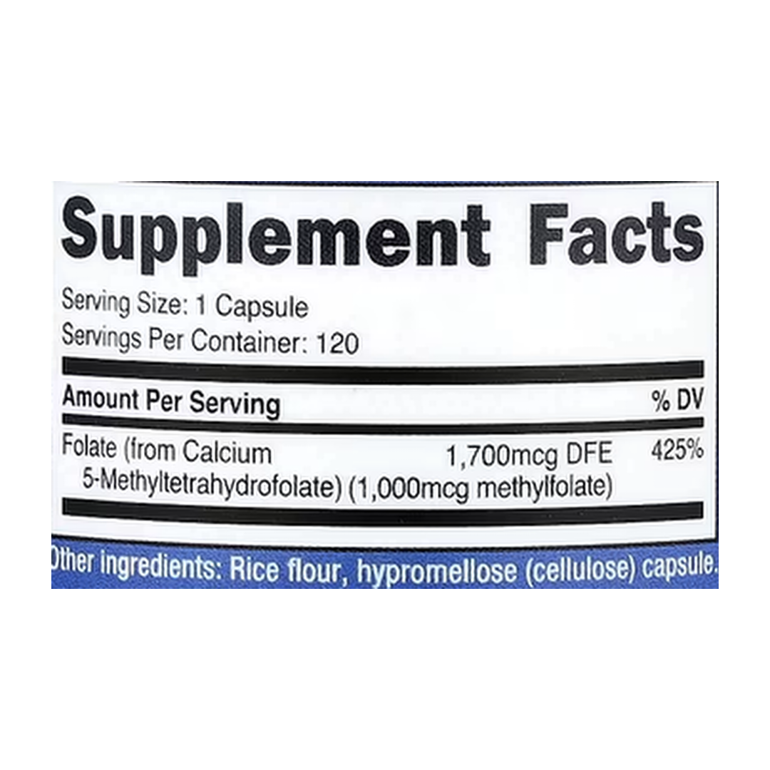 Nutricost, L-Methylfolate, 1,000 mcg, 120 Capsules supplement facts label showing ingredients, vitamins, minerals, and serving information