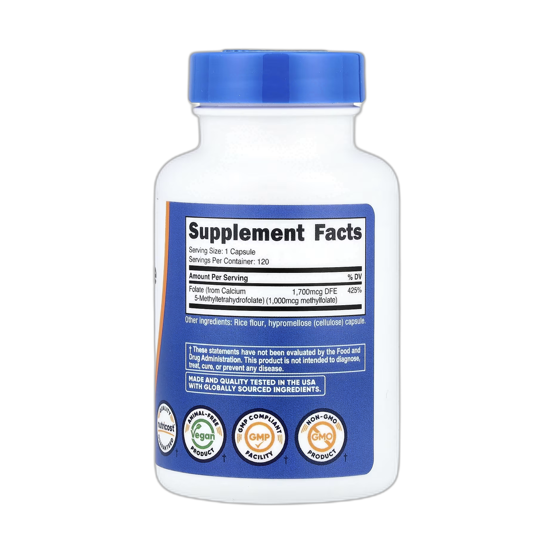 Nutricost, L-Methylfolate, 1,000 mcg, 120 Capsules back packaging view