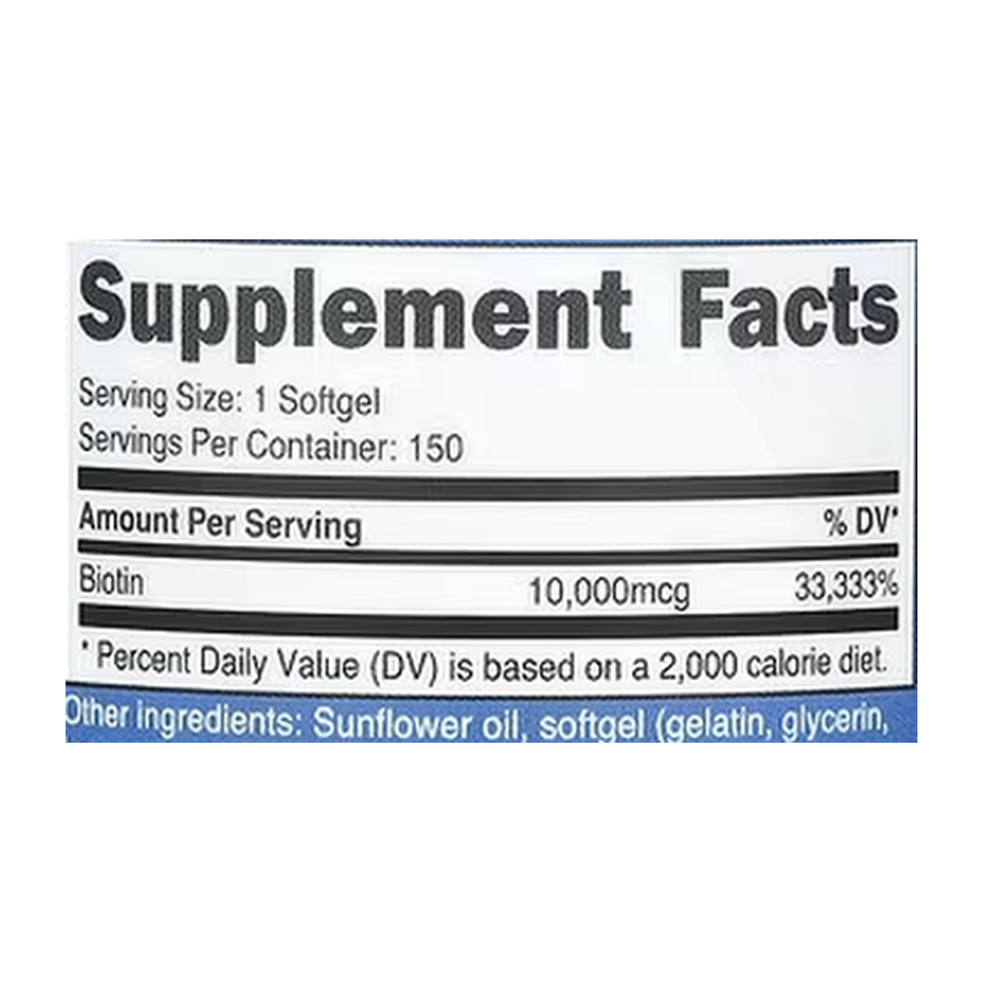 Nutricost, Biotin, Vitamin B7, 10,000 mcg, 150 Softgels supplement facts label showing ingredients, vitamins, minerals, and serving information