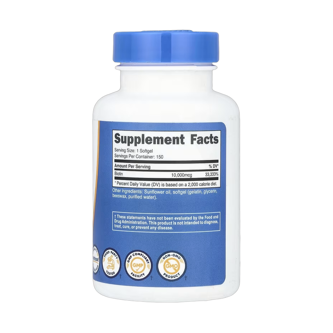 Nutricost, Biotin, Vitamin B7, 10,000 mcg, 150 Softgels back packaging view