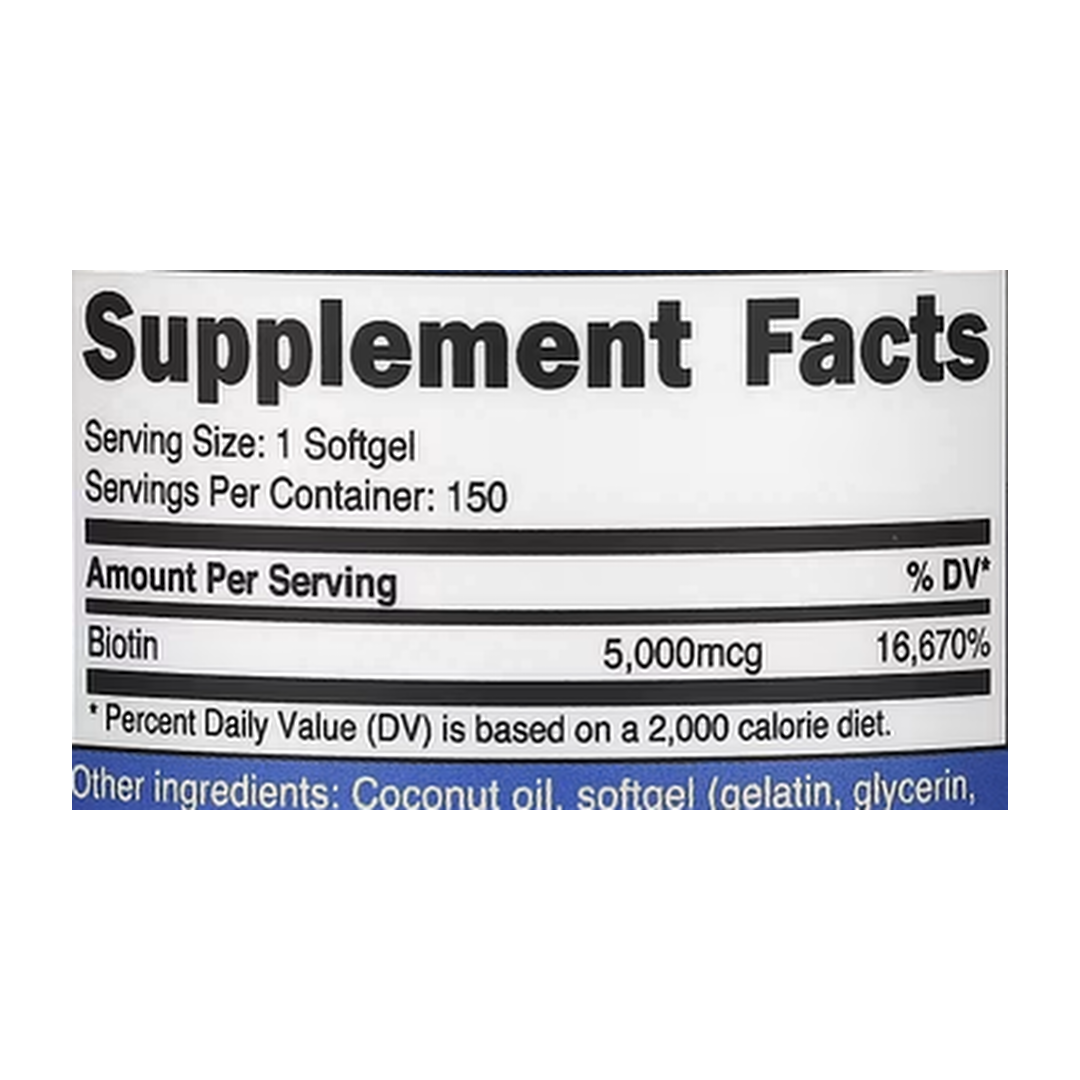 Nutricost, Biotin, 5,000 mcg, 150 Softgels supplement facts label showing ingredients, vitamins, minerals, and serving information
