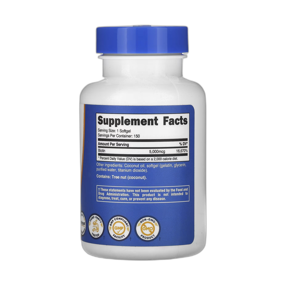 Nutricost, Biotin, 5,000 mcg, 150 Softgels back packaging view
